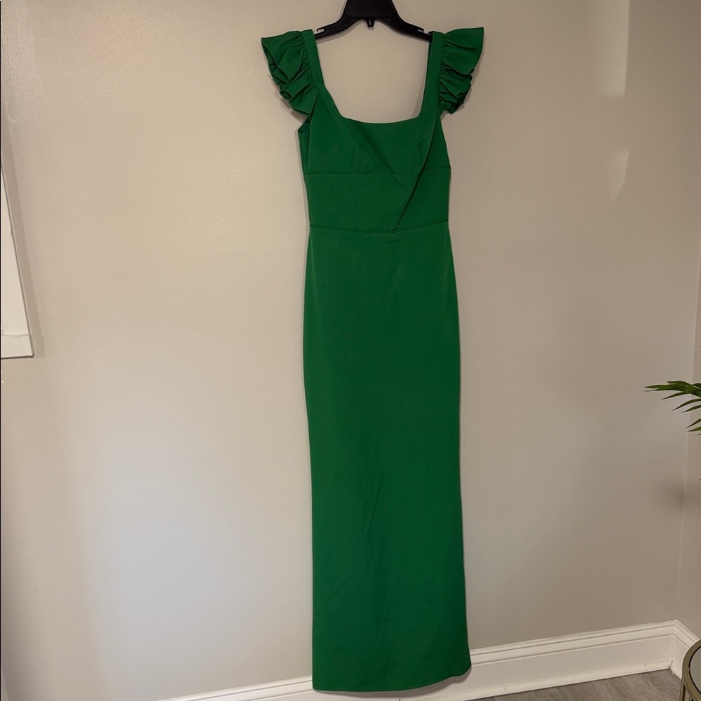Ieena for Mac Duggal Emerald Green Maxi Dress with Ruffle Shoulders size 4 - Picture 3 of 7